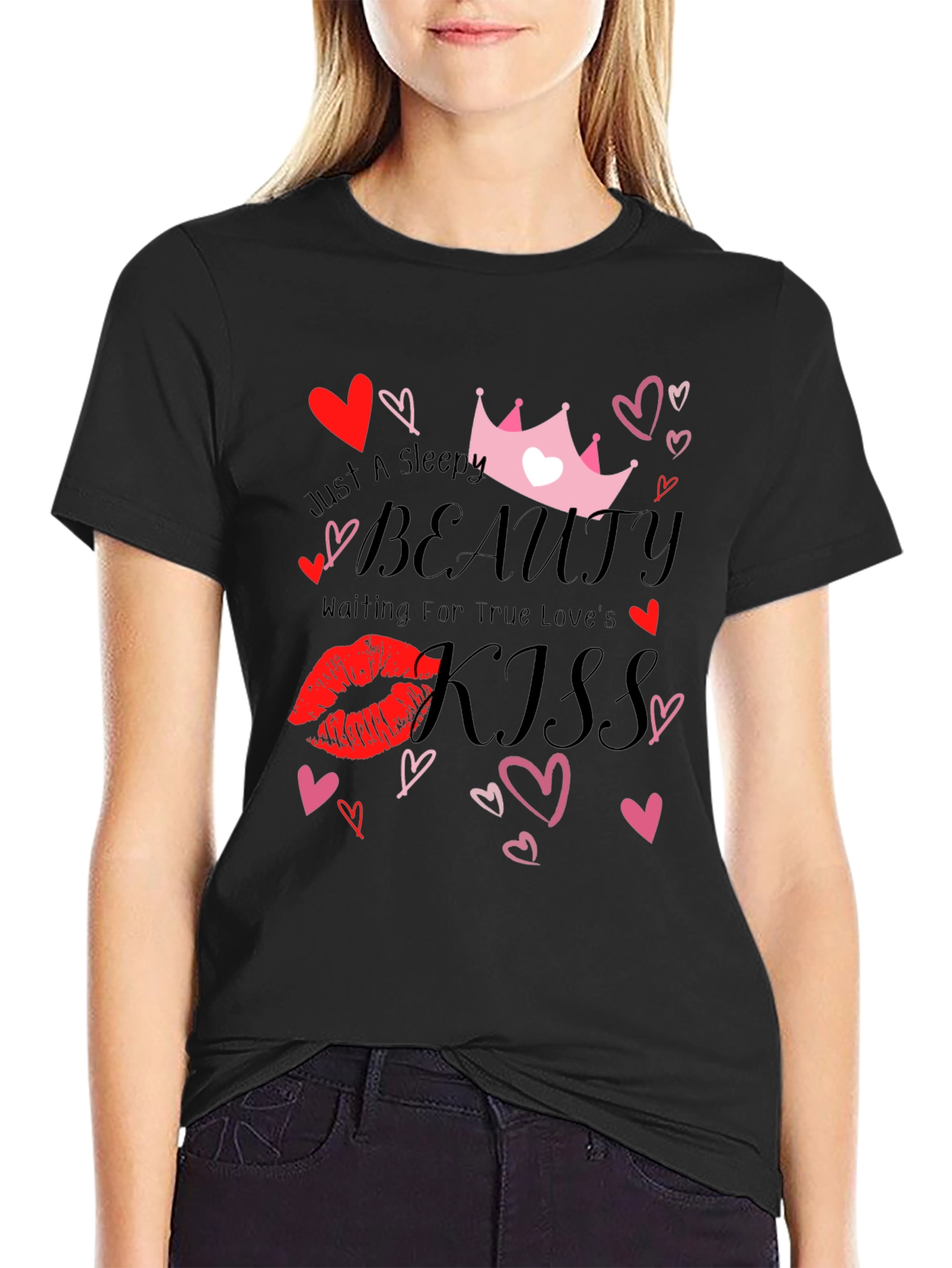 Sleepy Beauty Kiss Graphic Tee - Black