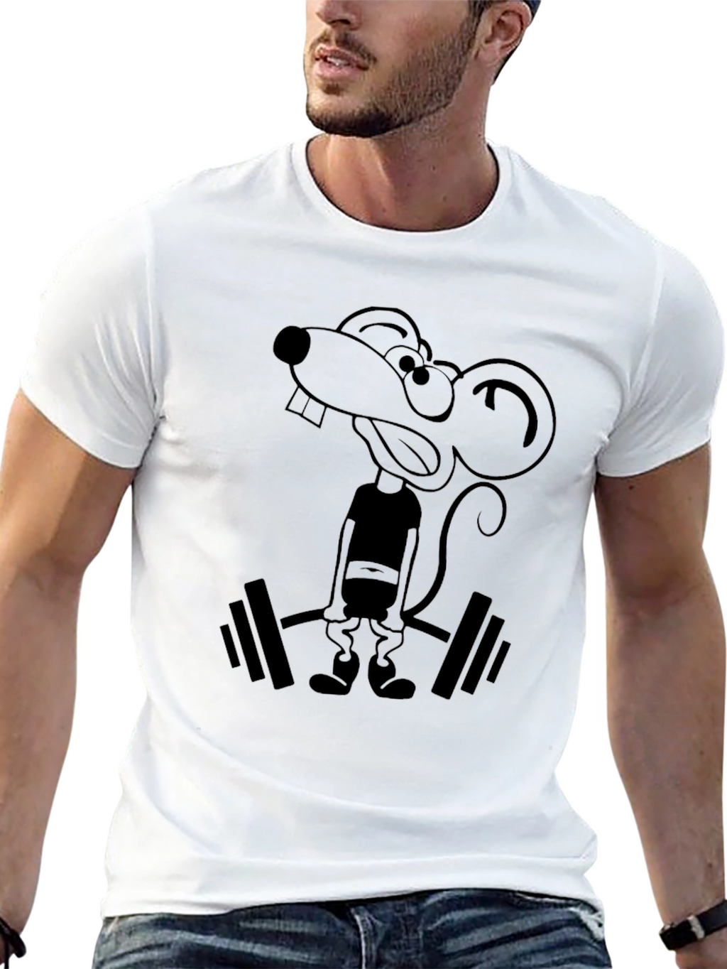 Funny Mouse Lifting Weights Graphic Tee - Black
