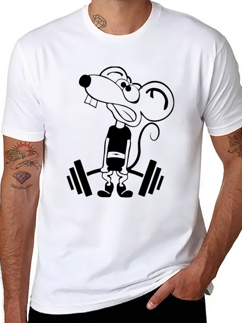 Funny Mouse Lifting Weights Graphic Tee - Black