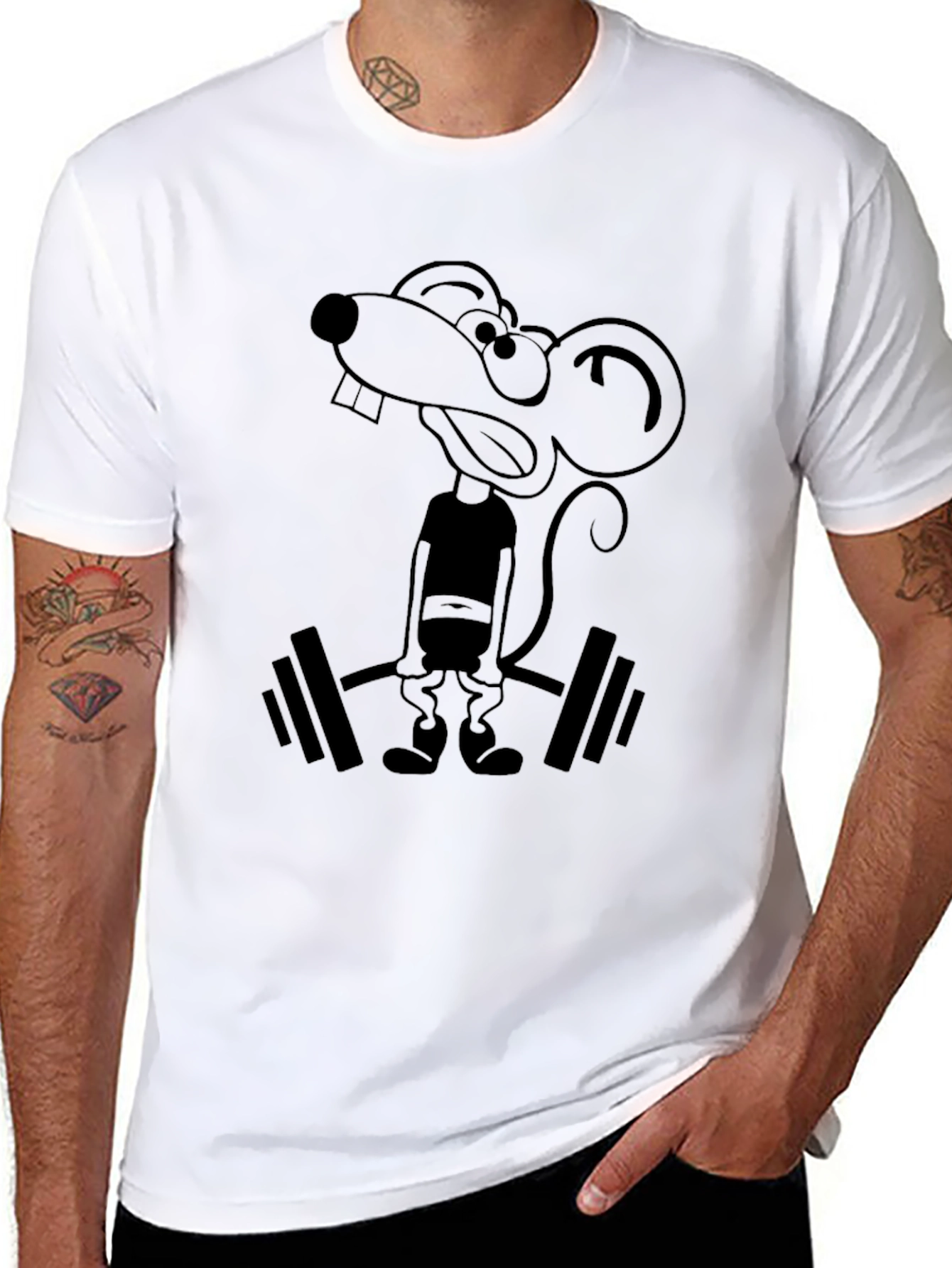Funny Mouse Lifting Weights Graphic Tee - Black