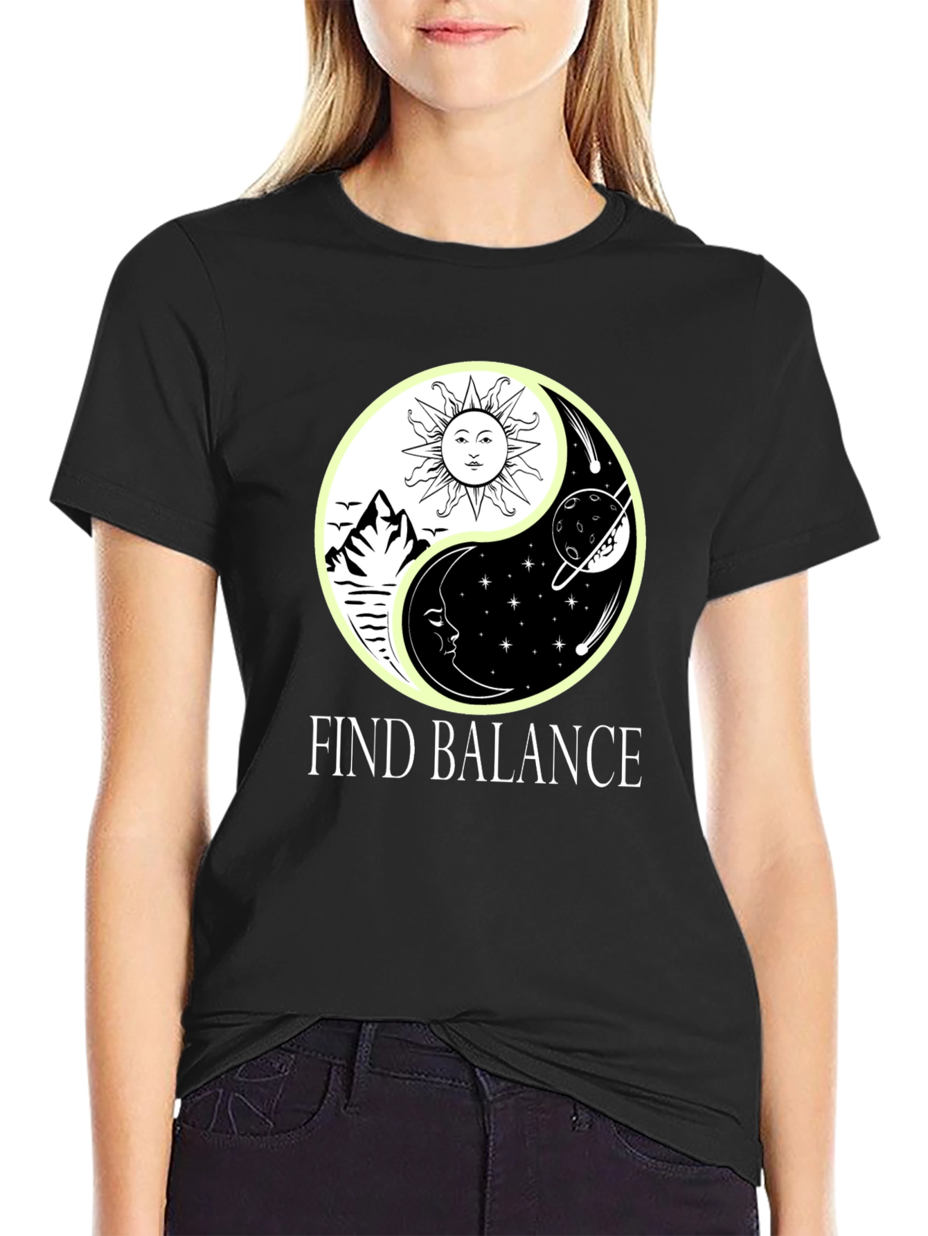 Yin Yang Balance Graphic Tee - Sun Moon Stars T-Shirt