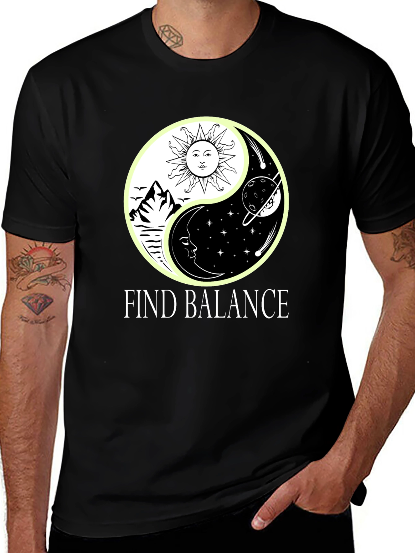 Yin Yang Balance Graphic Tee - Sun Moon Stars T-Shirt