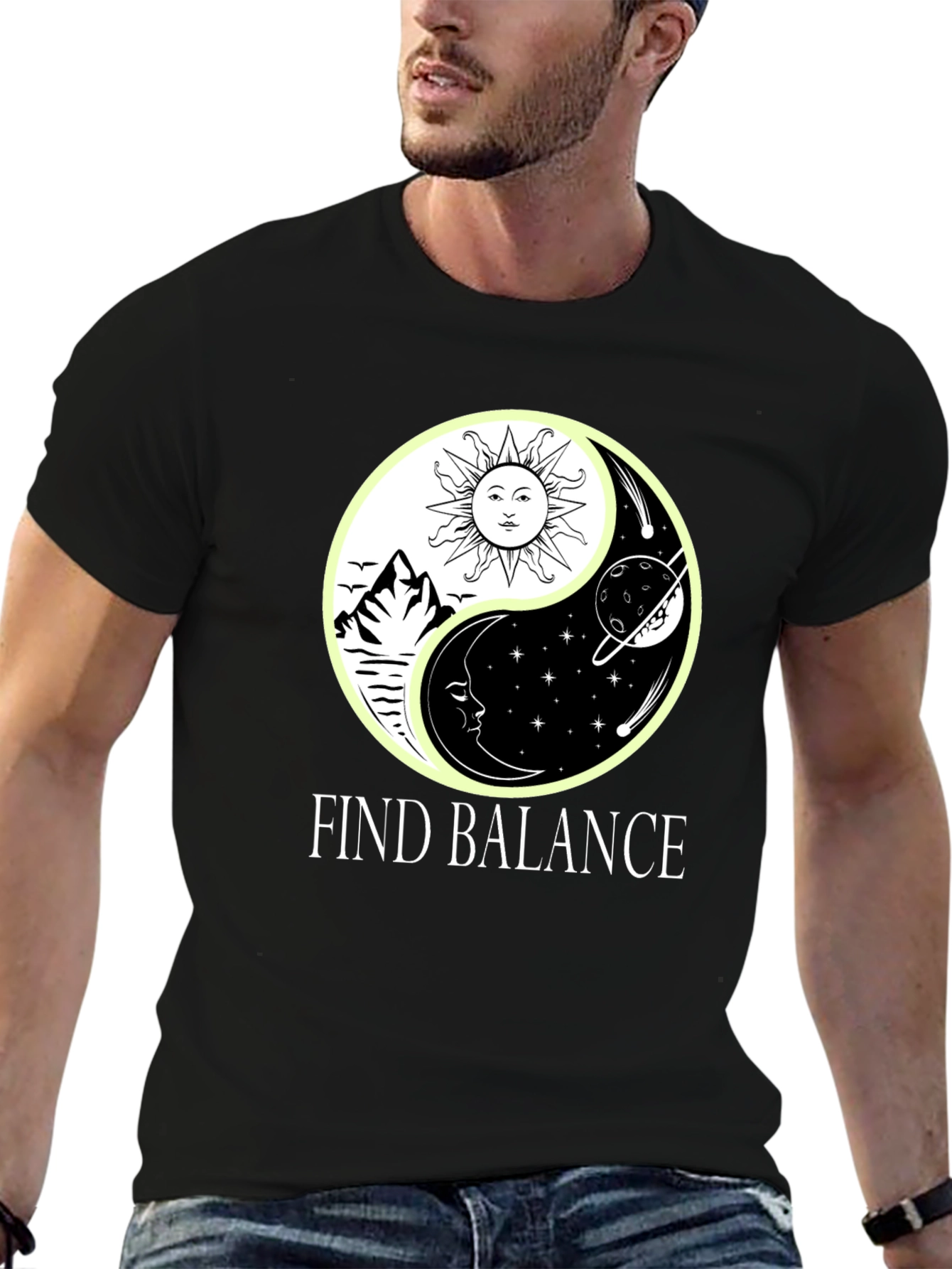 Yin Yang Balance Graphic Tee - Sun Moon Stars T-Shirt