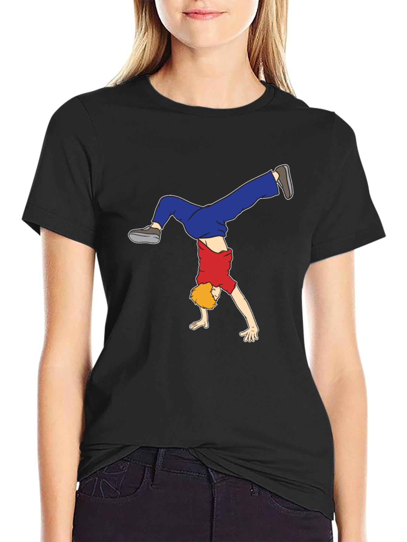 Cartoon Handstand Graphic Black T-Shirt