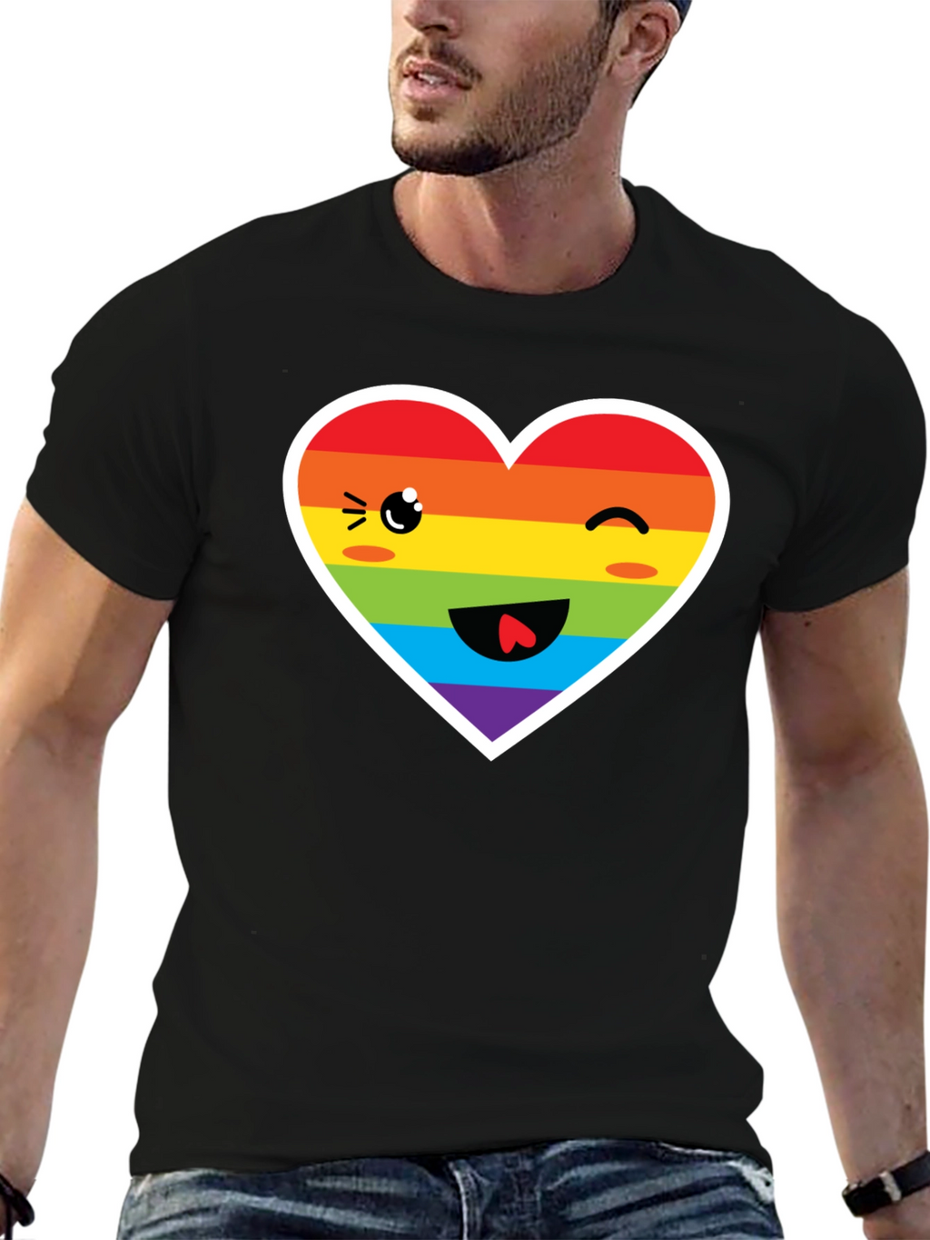 Rainbow Heart Face Black T-Shirt