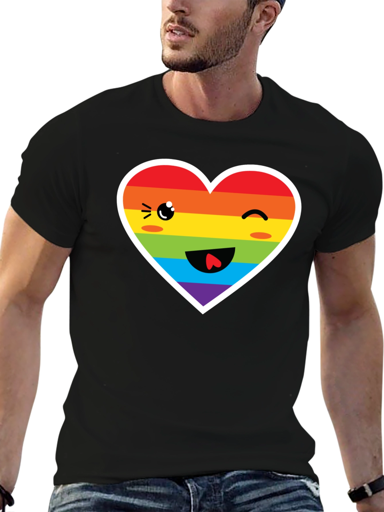Rainbow Heart Face Black T-Shirt