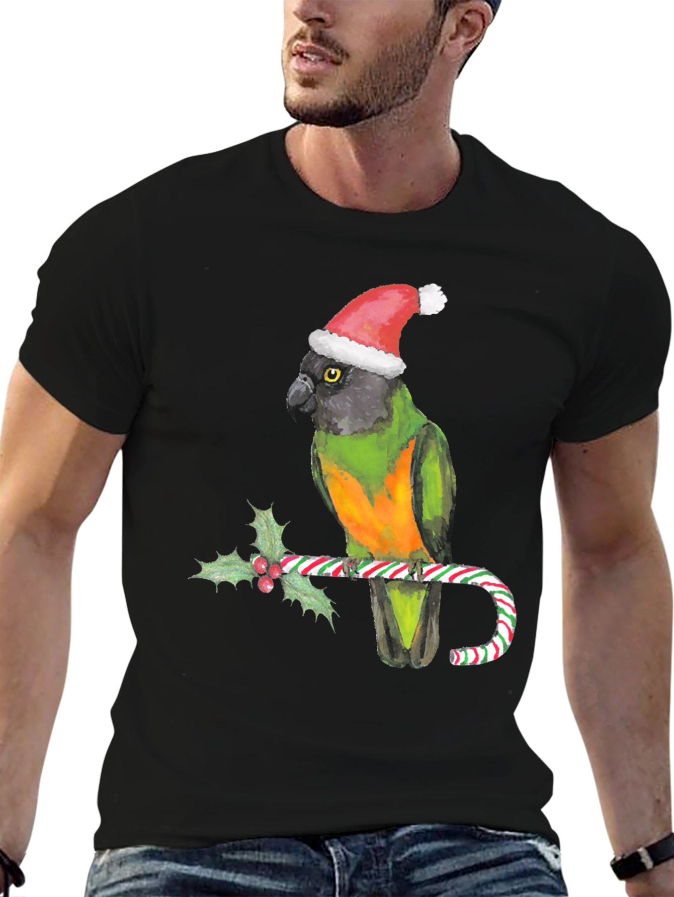 Christmas Parrot T-Shirt - Holiday Bird on Candy Cane