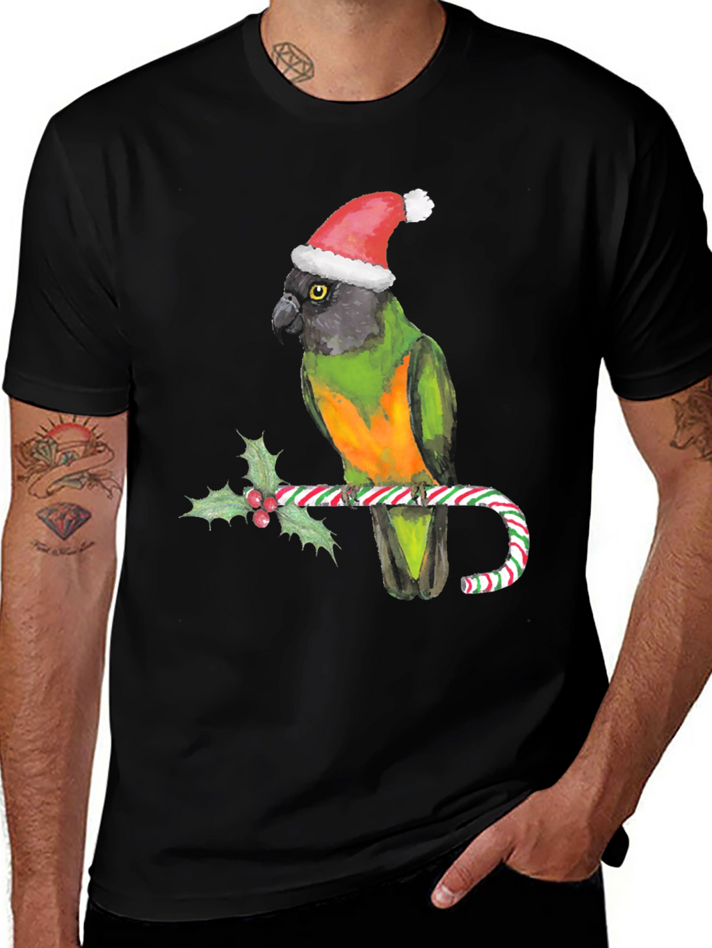 Christmas Parrot T-Shirt - Holiday Bird on Candy Cane