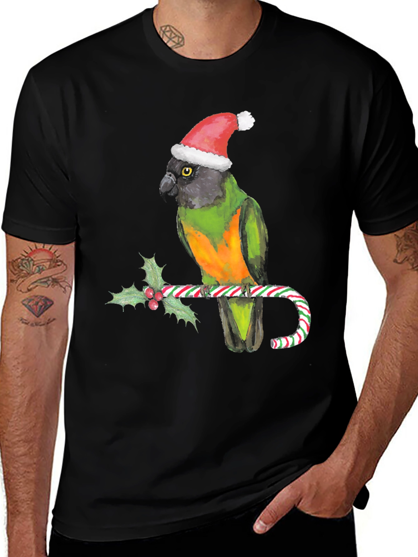 Christmas Parrot T-Shirt - Holiday Bird on Candy Cane