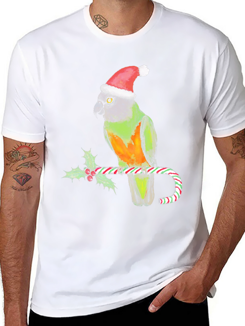 Christmas Parrot T-Shirt - Holiday Bird on Candy Cane