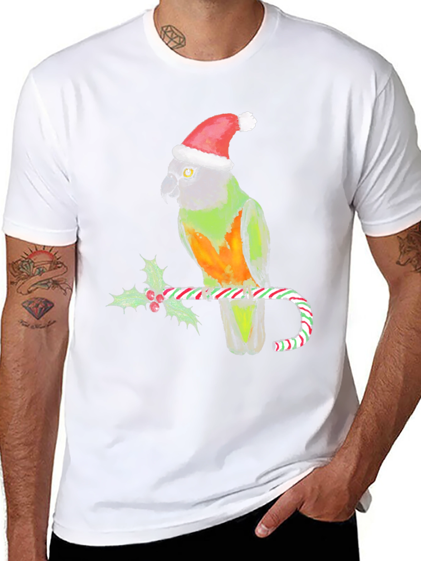 Christmas Parrot T-Shirt - Holiday Bird on Candy Cane