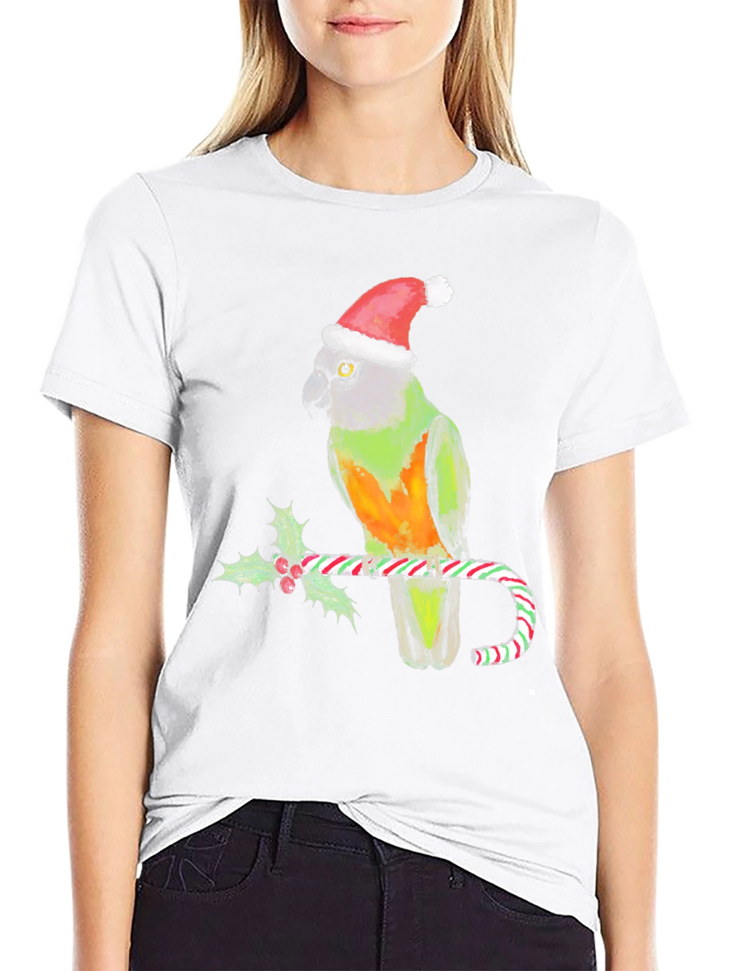 Christmas Parrot T-Shirt - Holiday Bird on Candy Cane
