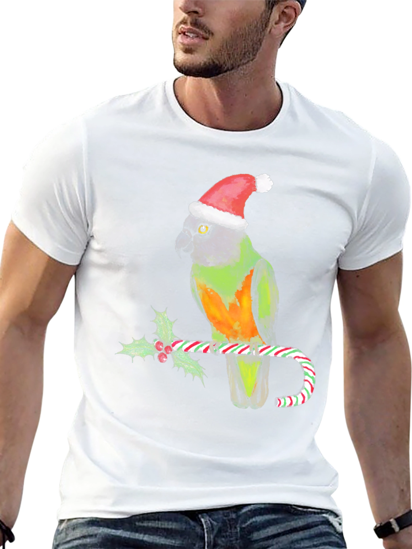 Christmas Parrot T-Shirt - Holiday Bird on Candy Cane