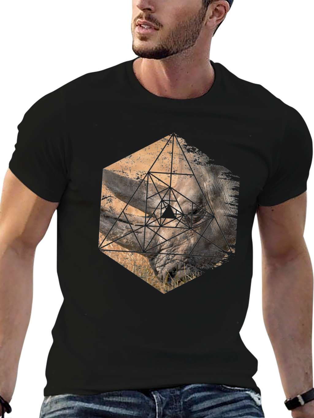 Geometric Rhino Graphic Tee - Stylish Mens Black T-Shirt