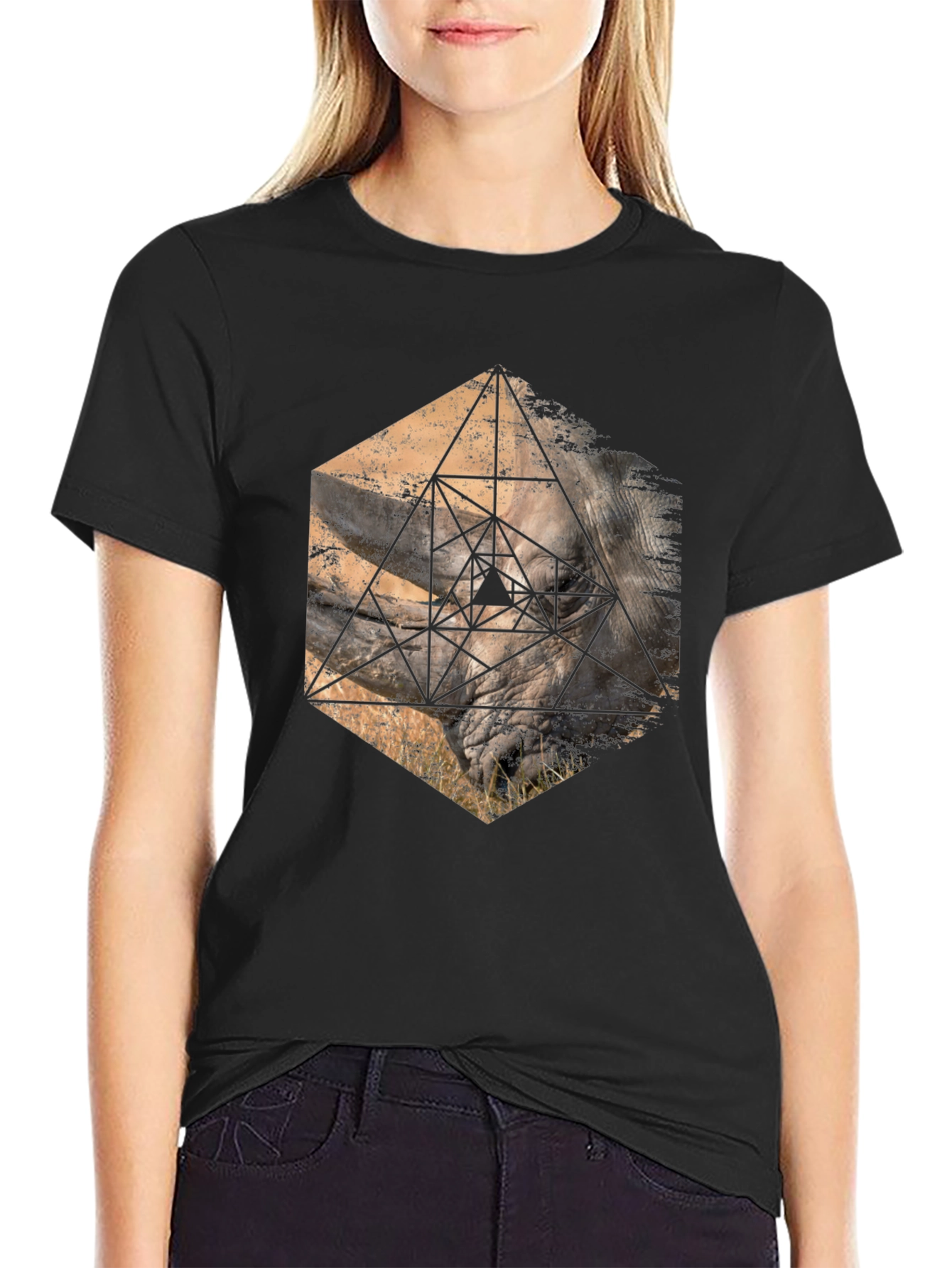 Geometric Rhino Graphic Tee - Stylish Mens Black T-Shirt