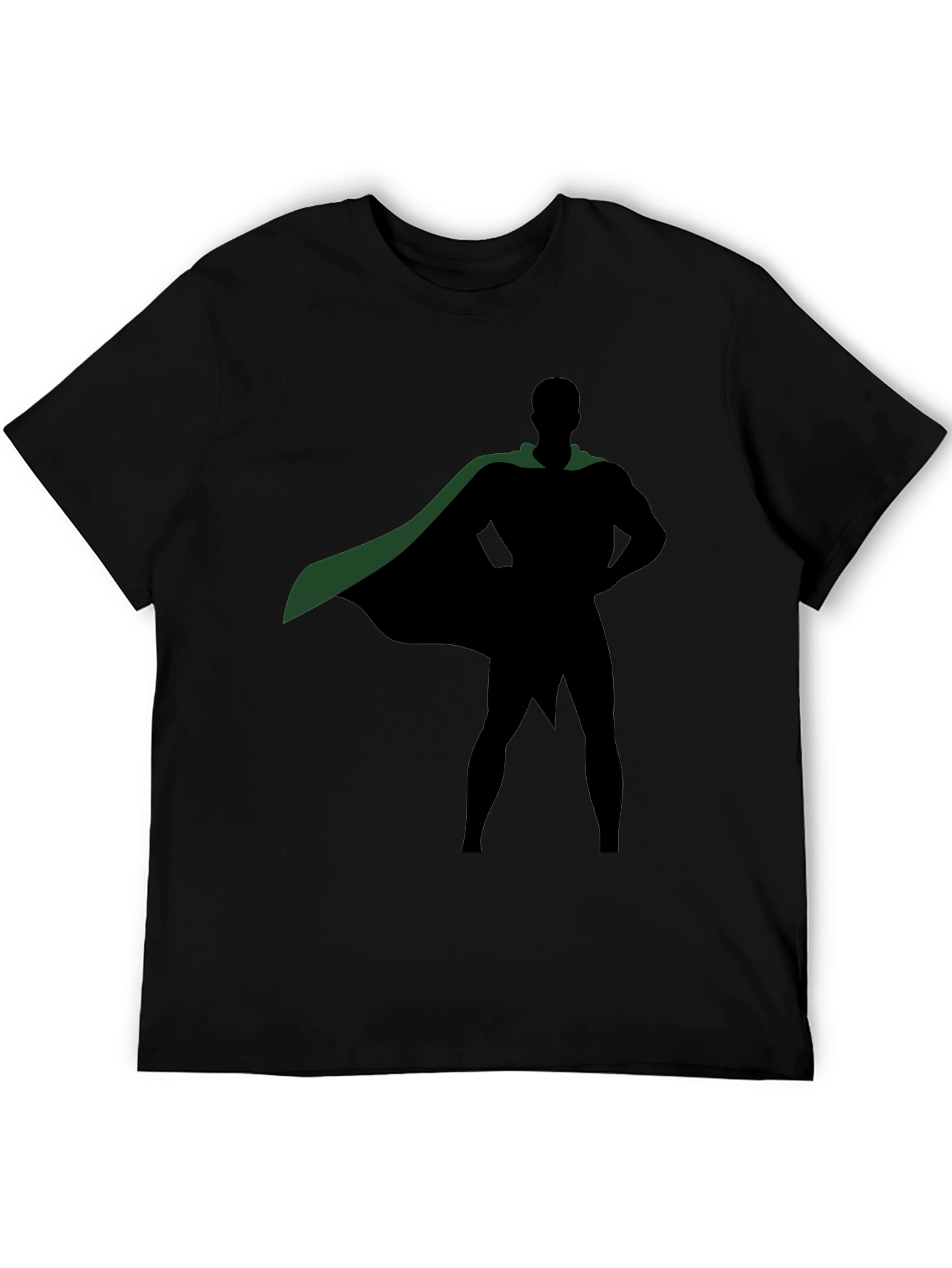 Superhero Silhouette Black T-Shirt with Green Cape
