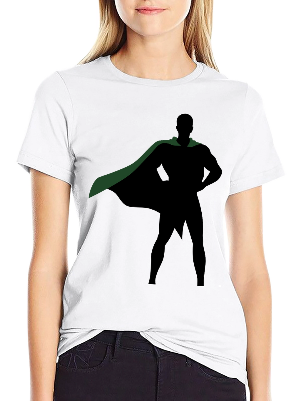 Superhero Silhouette Black T-Shirt with Green Cape