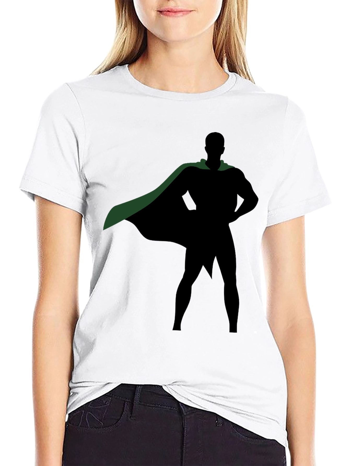 Superhero Silhouette Black T-Shirt with Green Cape