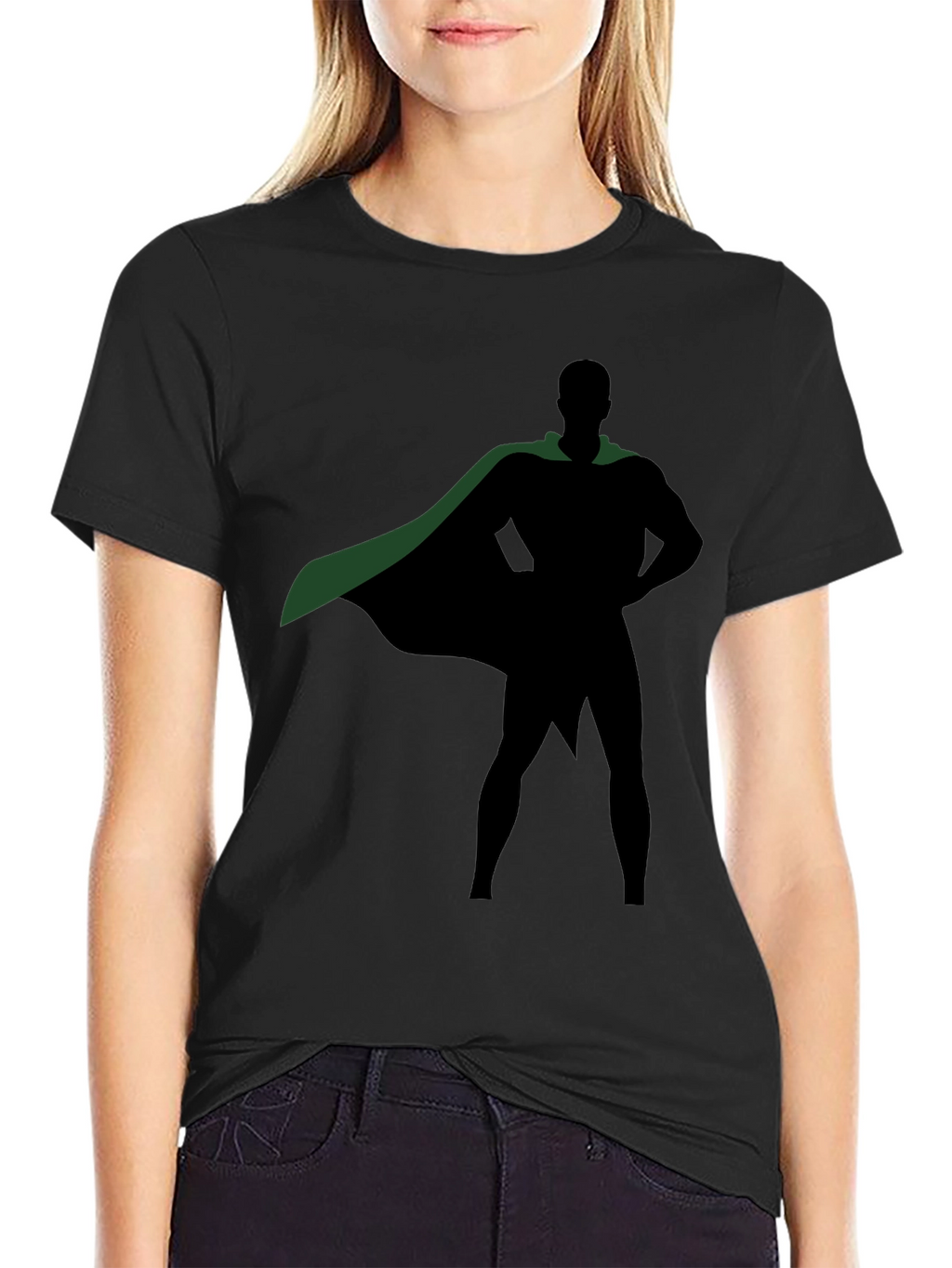 Superhero Silhouette Black T-Shirt with Green Cape