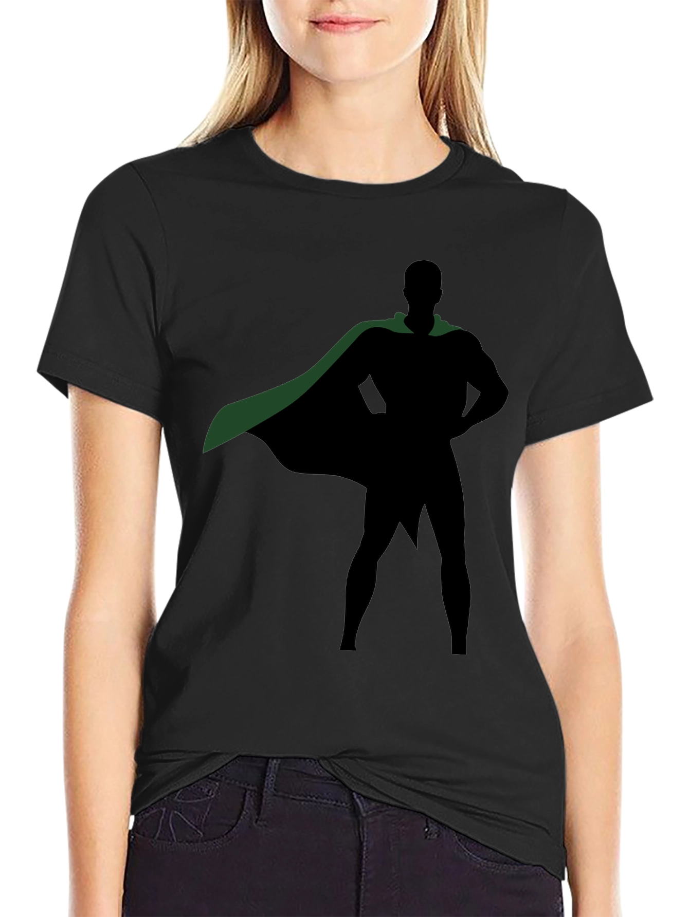 Superhero Silhouette Black T-Shirt with Green Cape