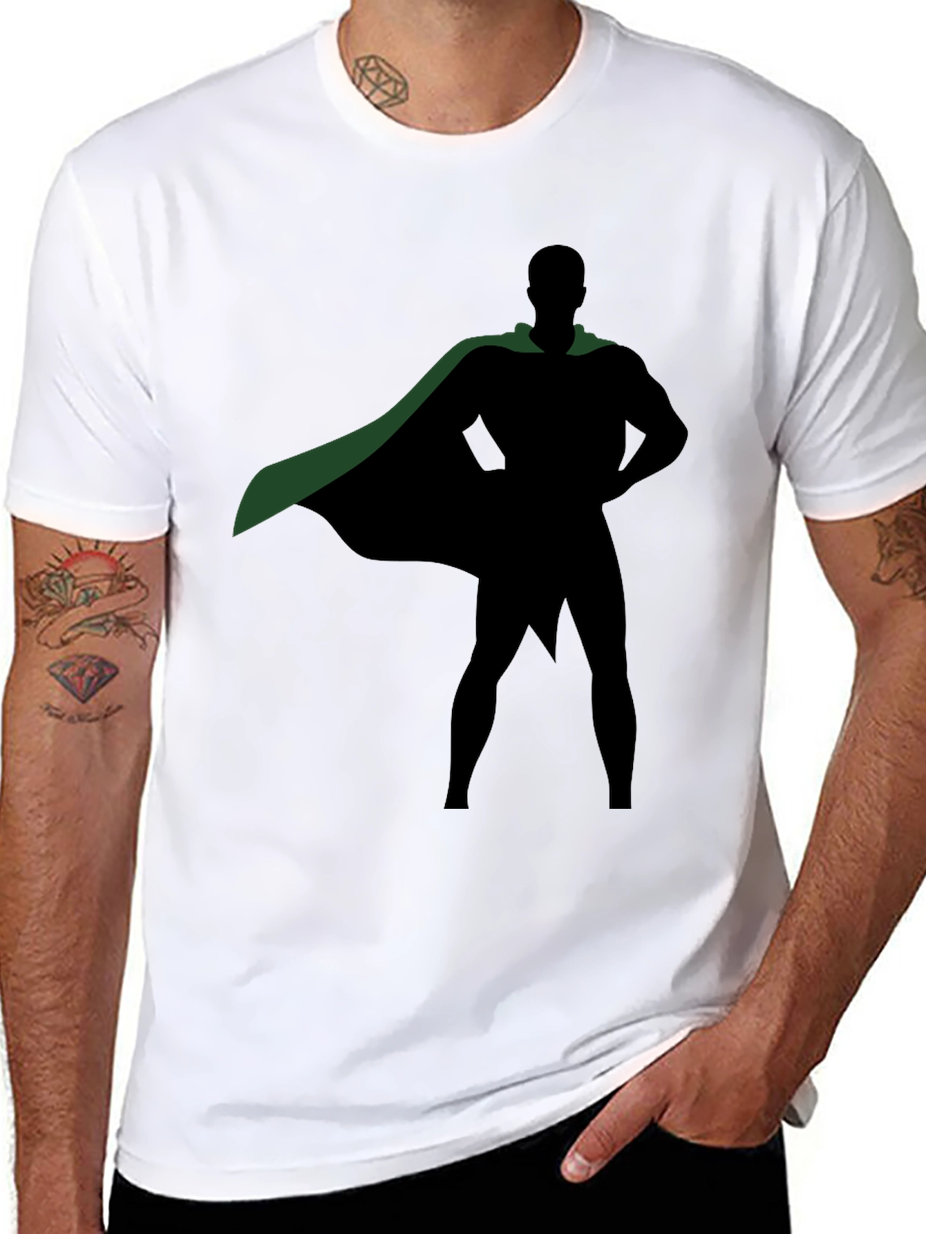 Superhero Silhouette Black T-Shirt with Green Cape