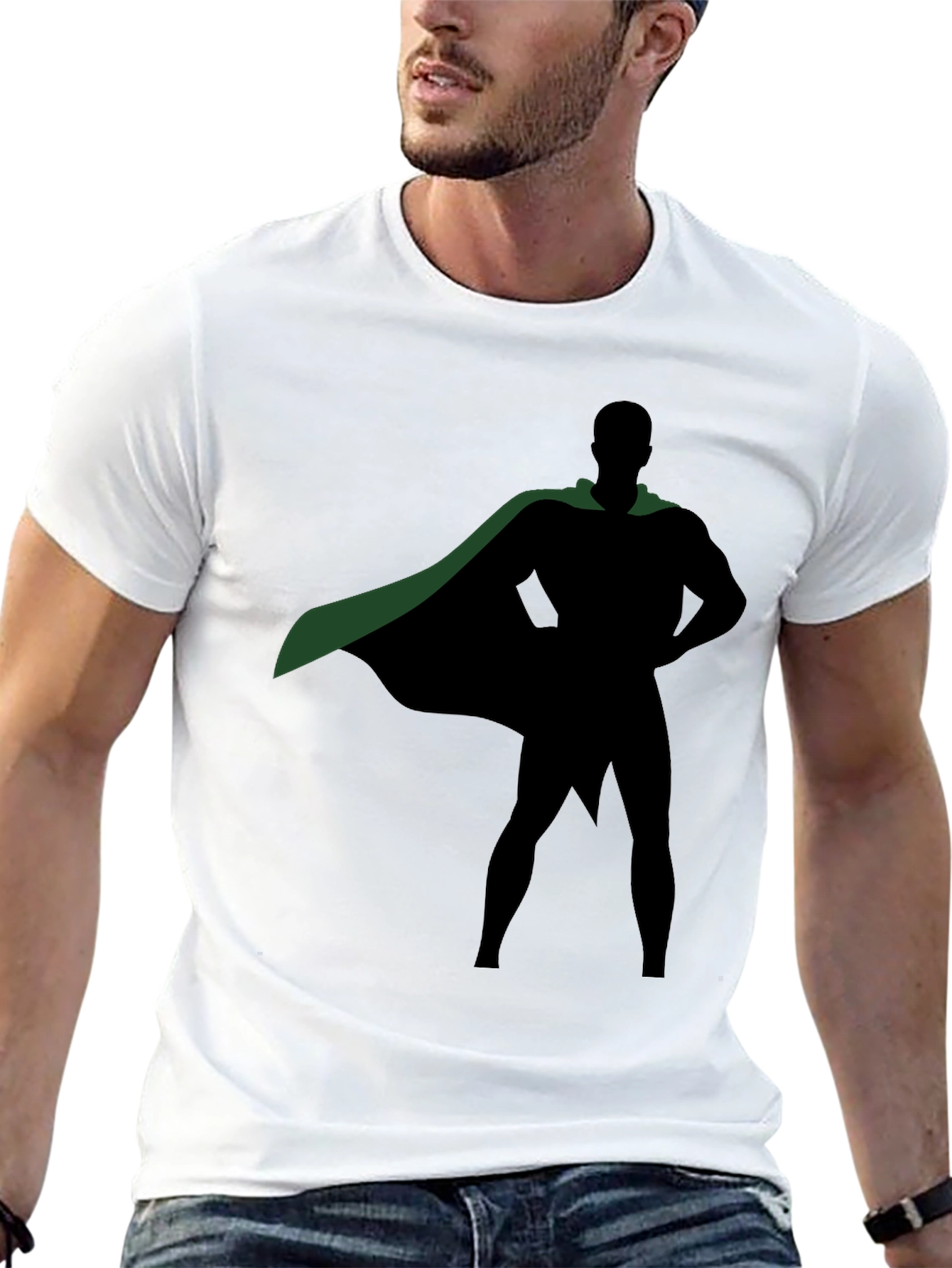 Superhero Silhouette Black T-Shirt with Green Cape
