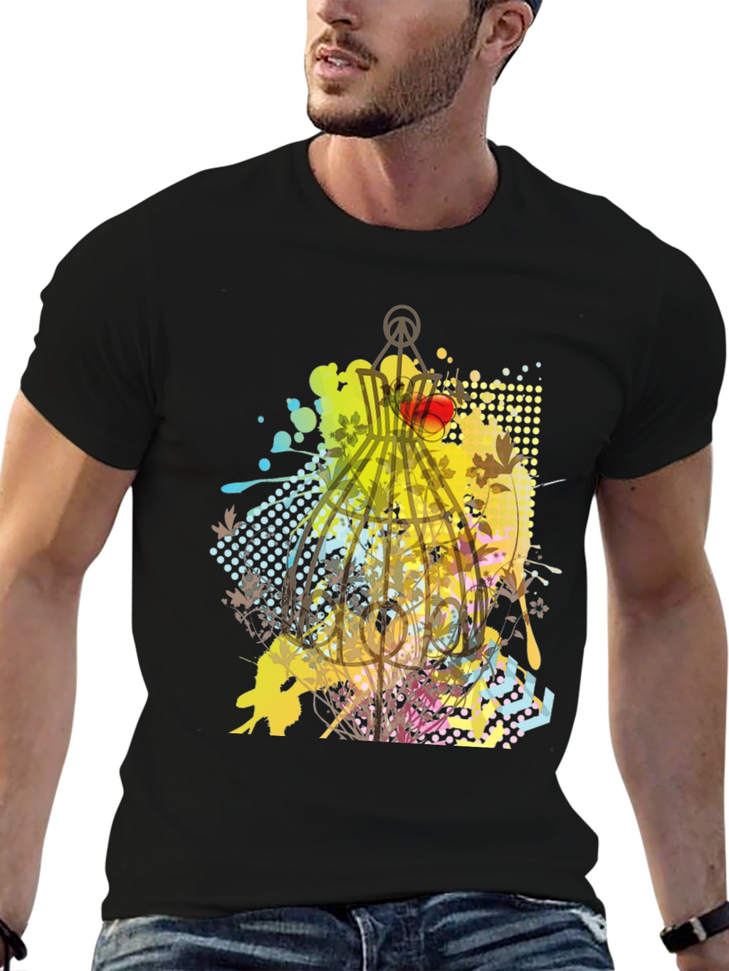 Graphic Birdcage T-Shirt - Artistic Design