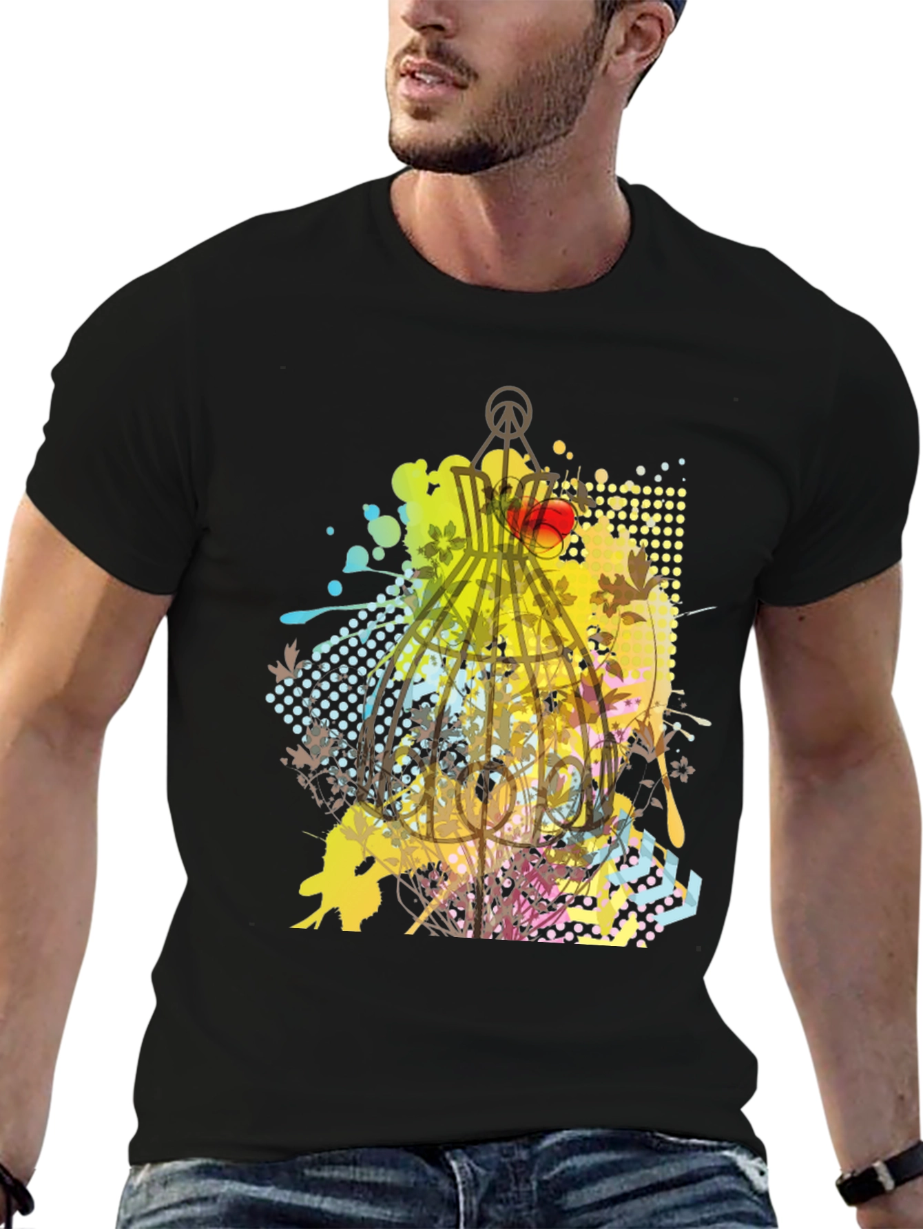 Graphic Birdcage T-Shirt - Artistic Design