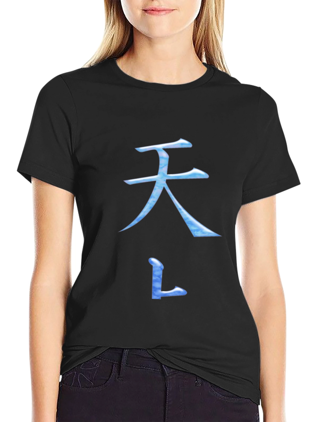 Black T-Shirt with Blue Asian Inspired Symbol Design
