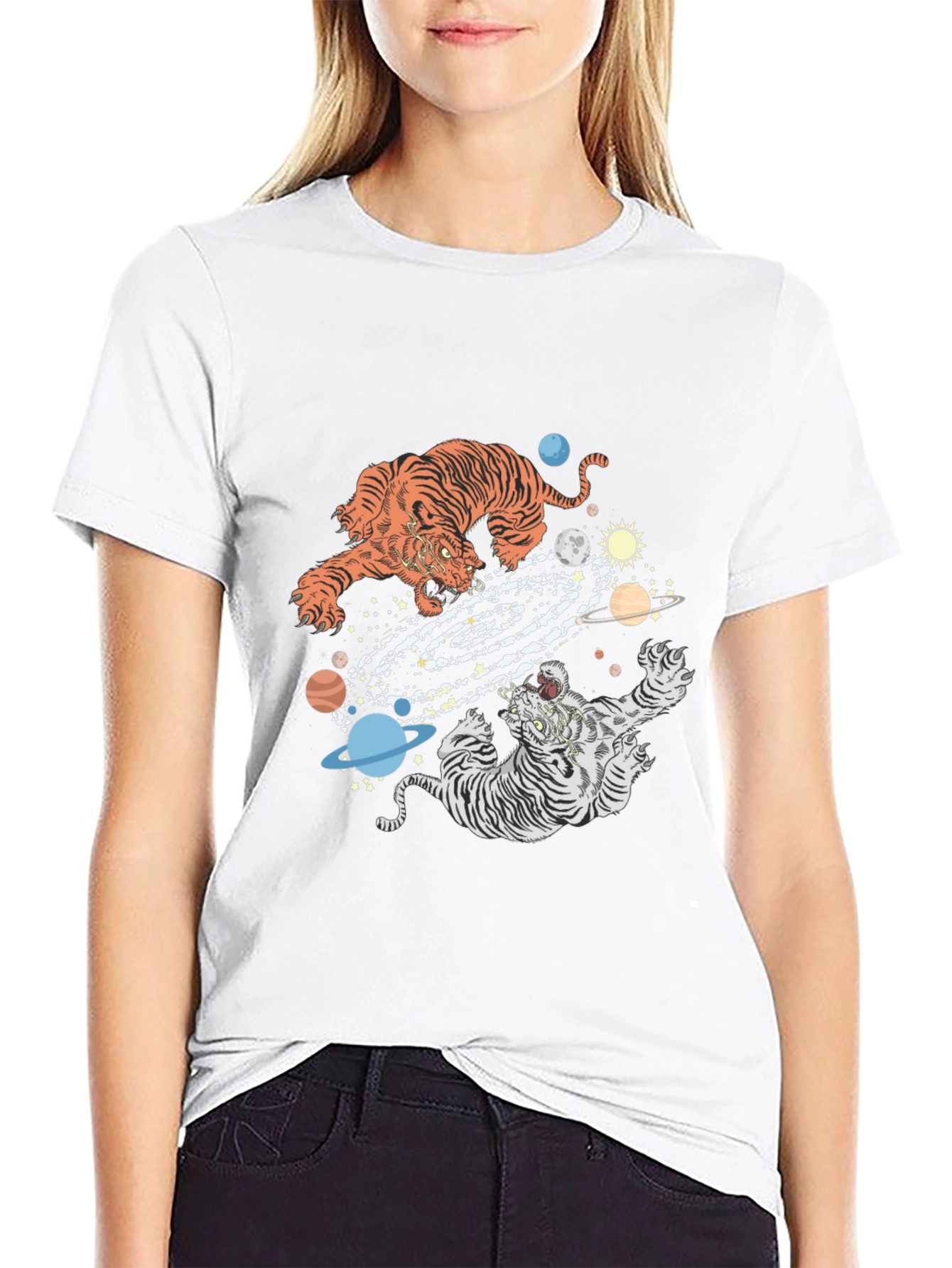 Tiger Galaxy Graphic Print Crew Neck T-Shirt