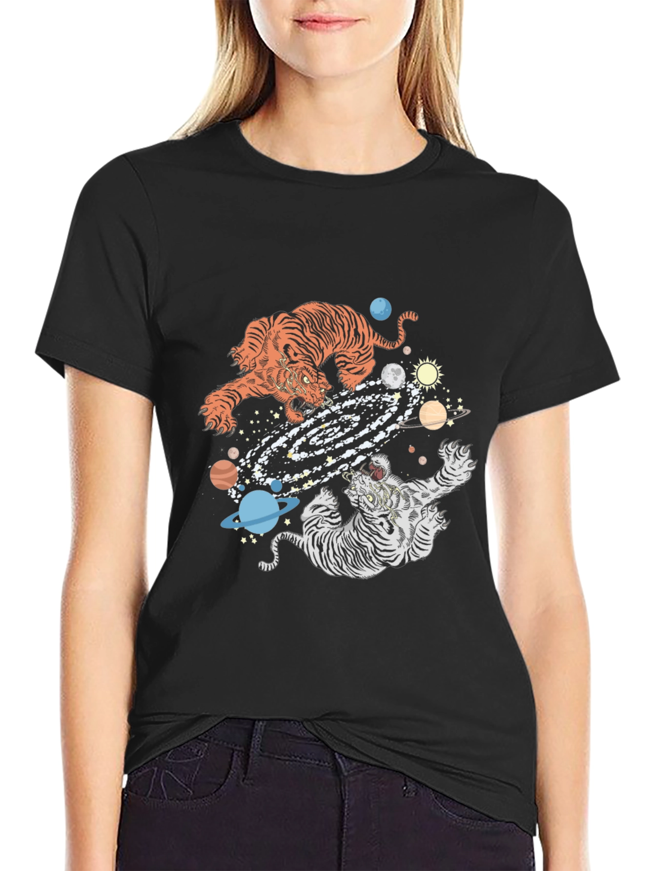Tiger Galaxy Graphic Print Crew Neck T-Shirt