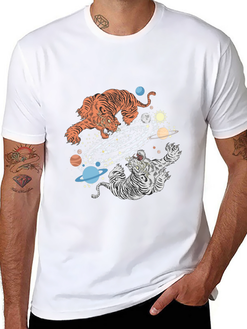 Tiger Galaxy Graphic Print Crew Neck T-Shirt