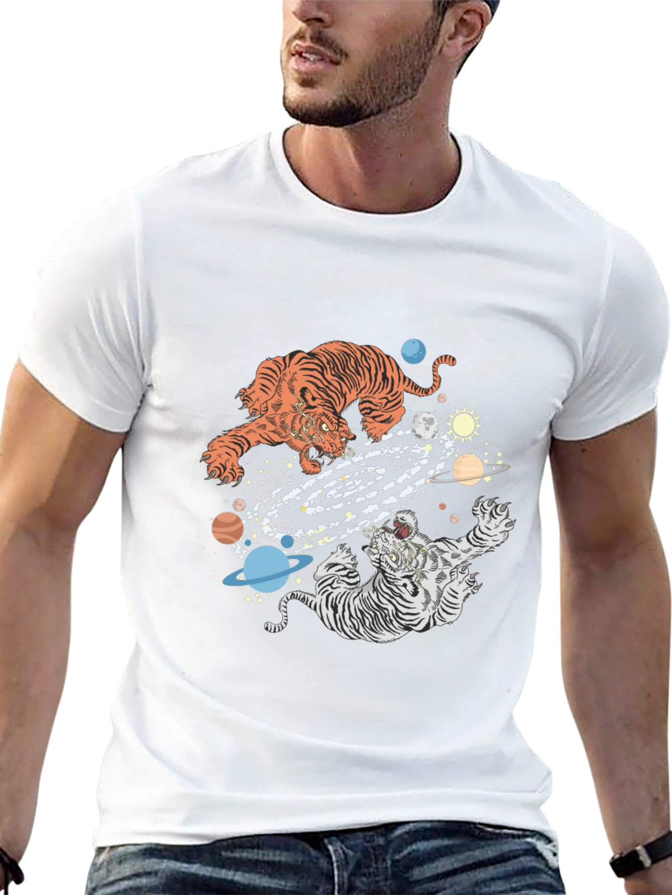 Tiger Galaxy Graphic Print Crew Neck T-Shirt