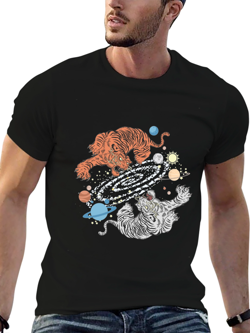 Tiger Galaxy Graphic Print Crew Neck T-Shirt