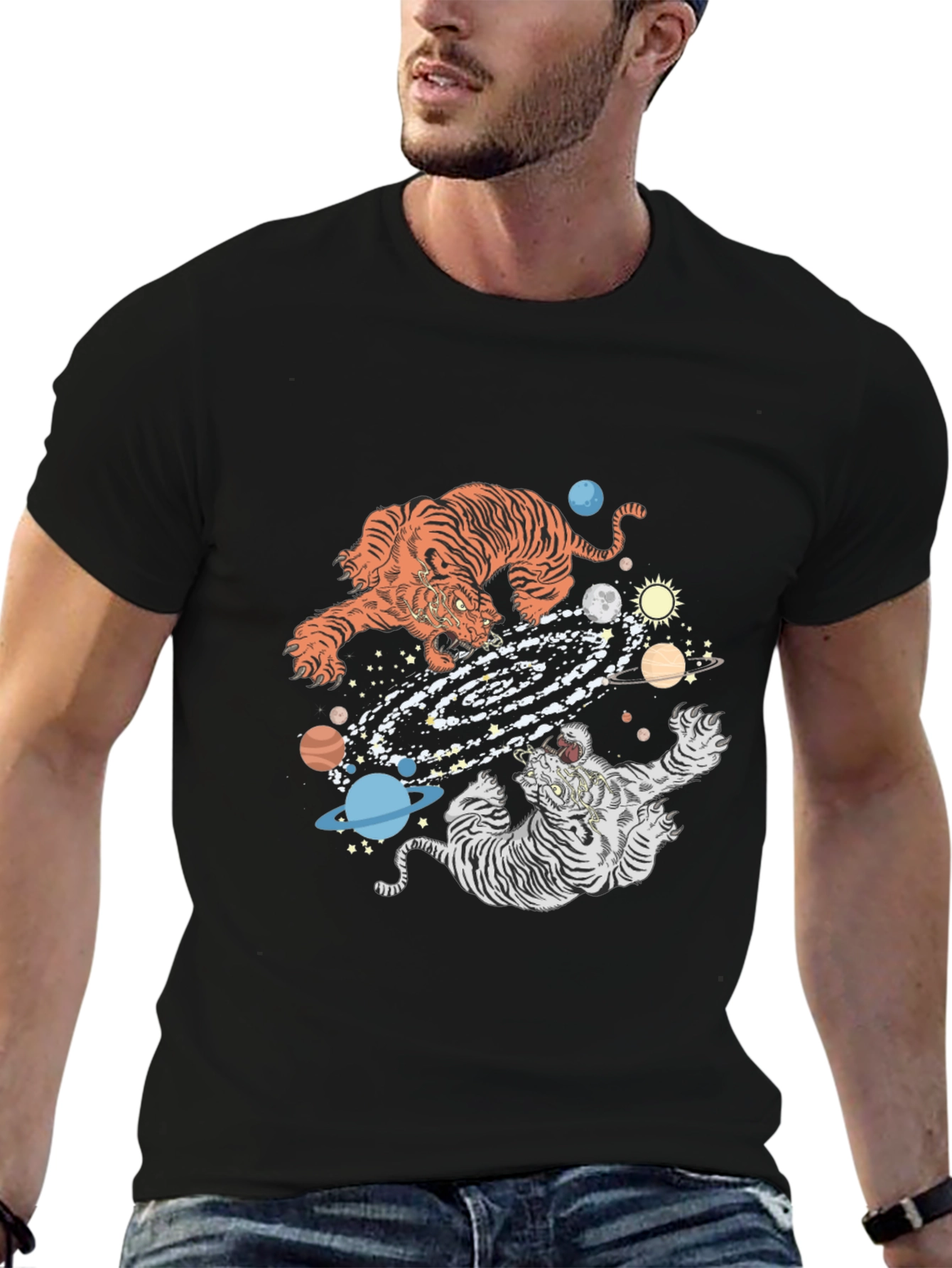 Tiger Galaxy Graphic Print Crew Neck T-Shirt