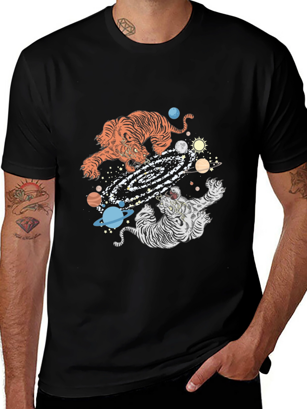 Tiger Galaxy Graphic Print Crew Neck T-Shirt