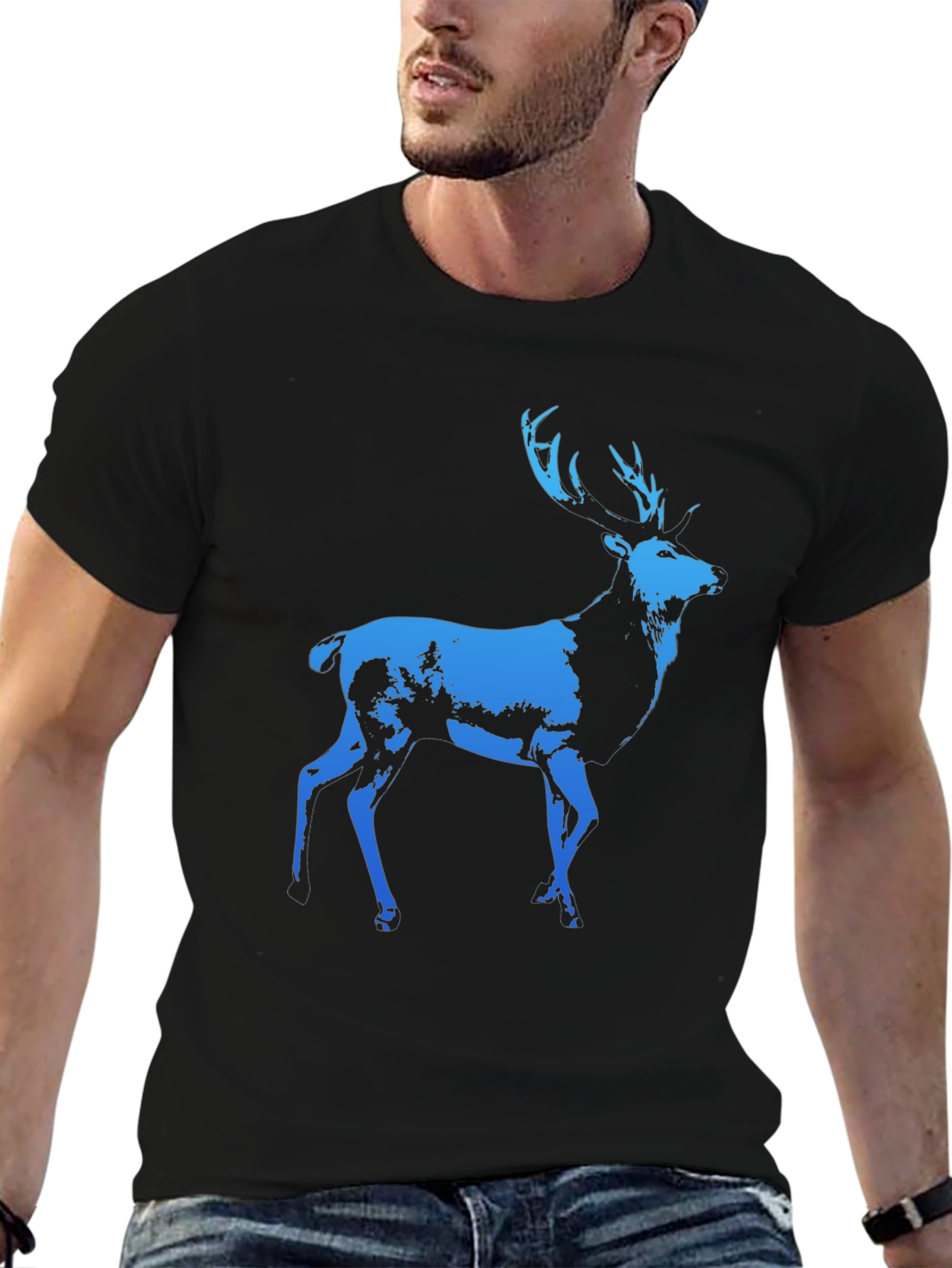 Mens Black T-Shirt with Blue Deer Graphic