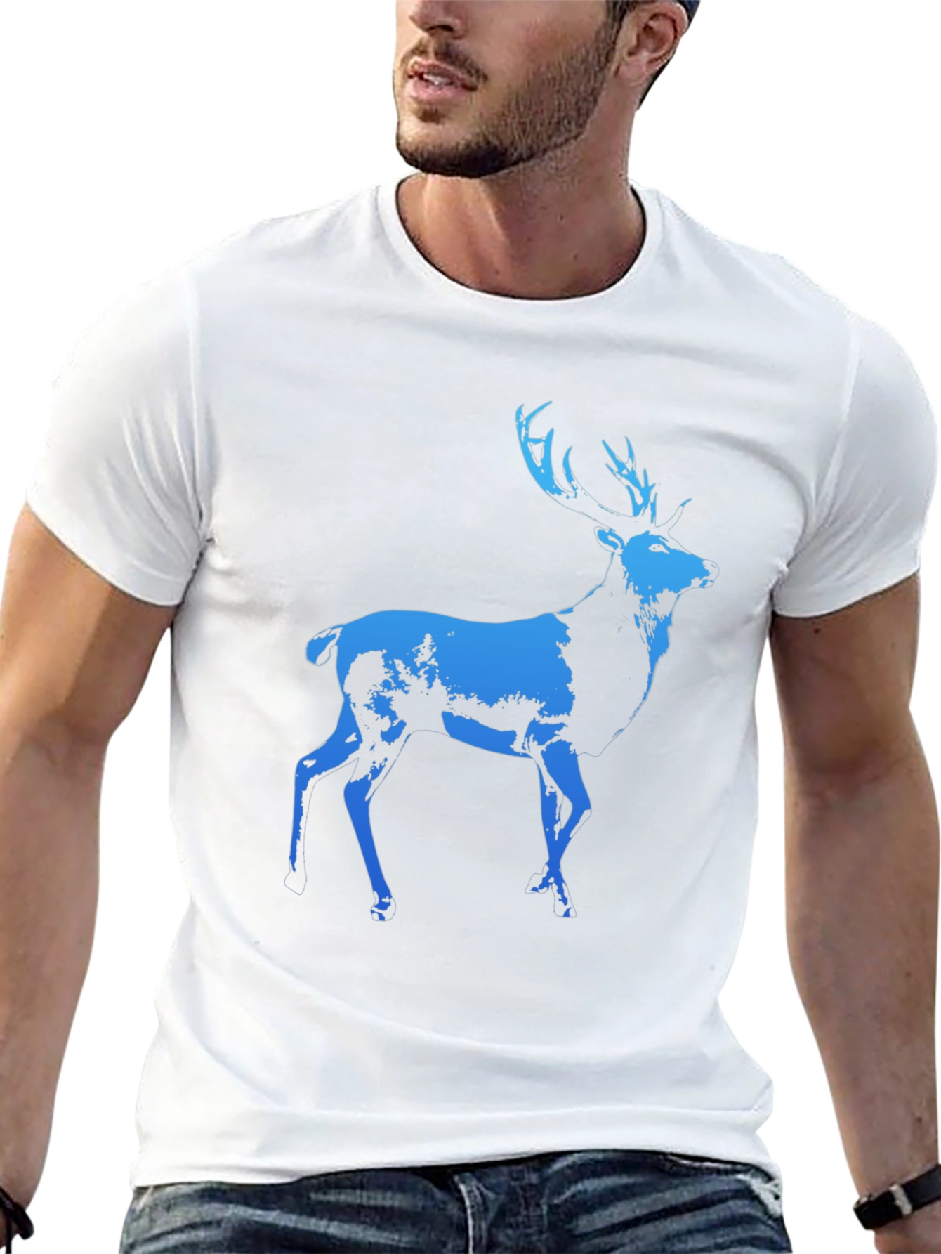 Mens Black T-Shirt with Blue Deer Graphic