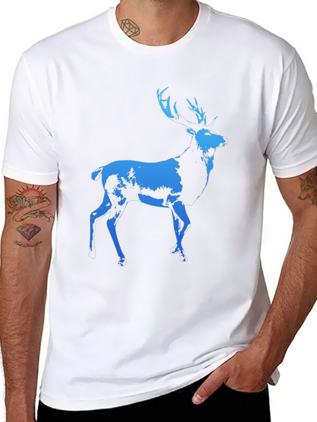 Mens Black T-Shirt with Blue Deer Graphic