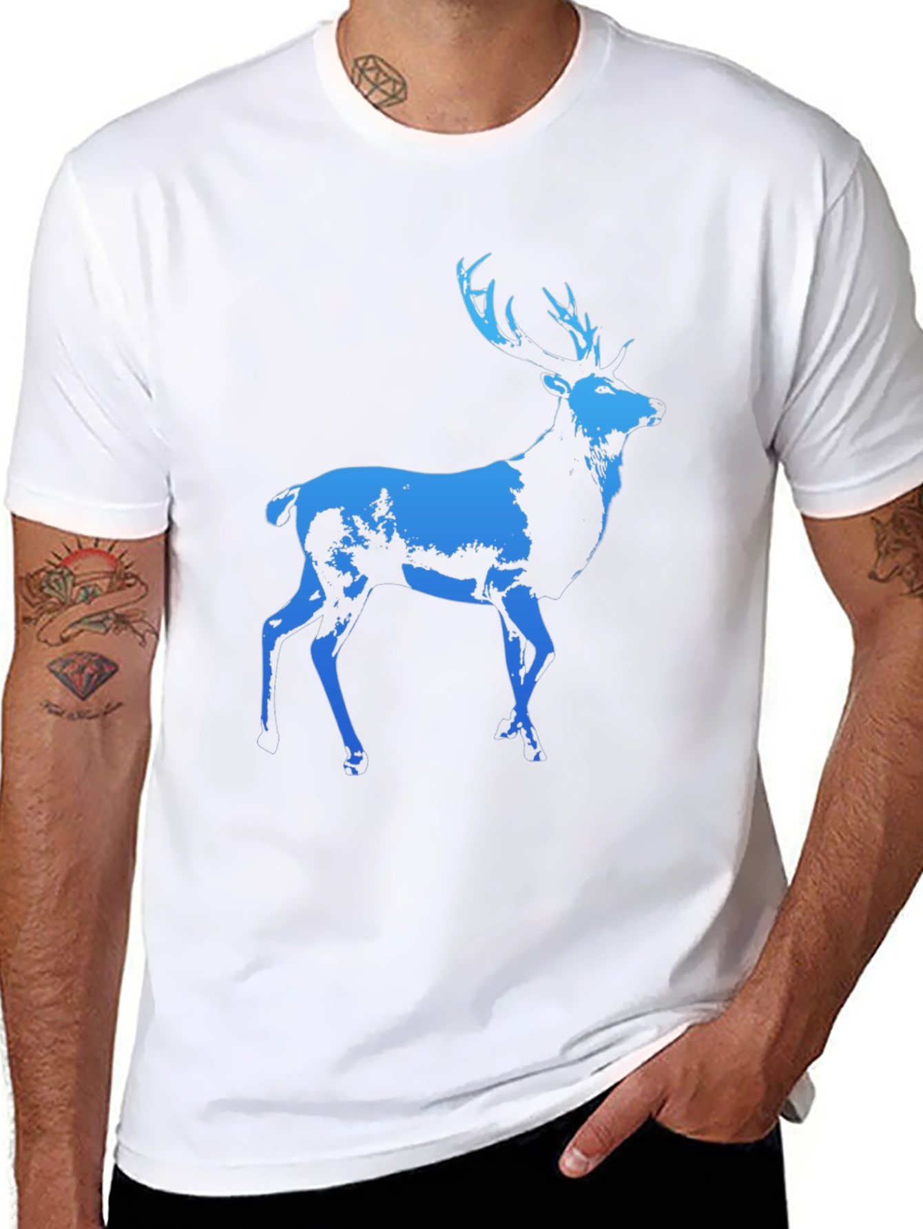 Mens Black T-Shirt with Blue Deer Graphic