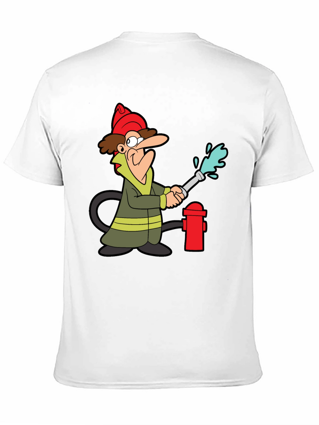 Cartoon Firefighter Graphic Tee - Black Cotton T-Shirt