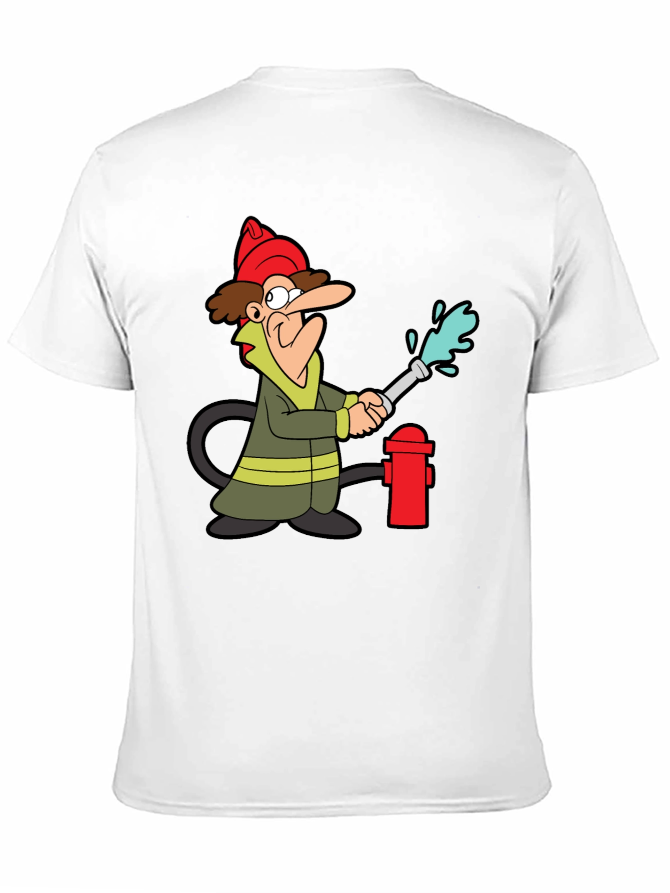 Cartoon Firefighter Graphic Tee - Black Cotton T-Shirt