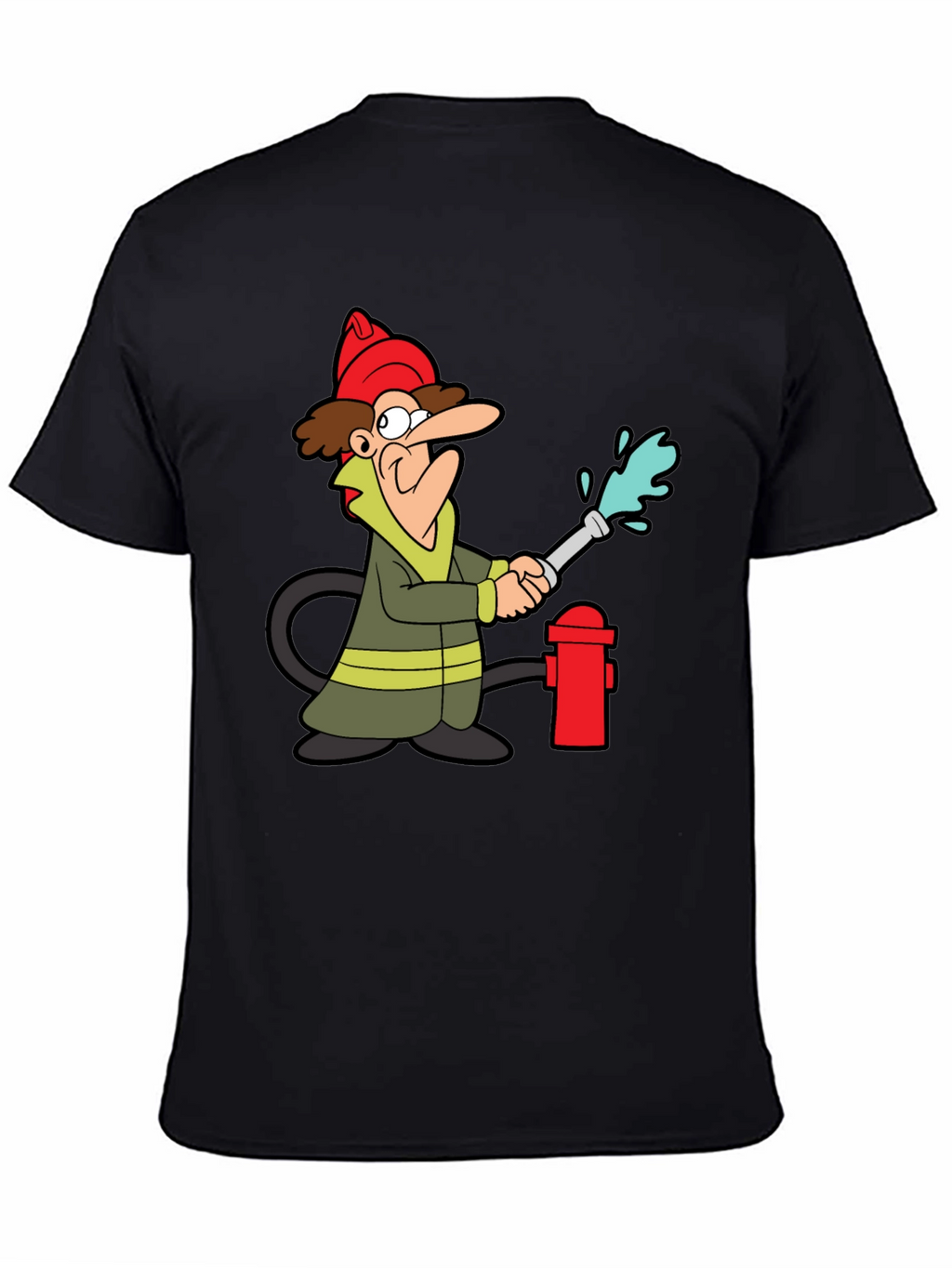 Cartoon Firefighter Graphic Tee - Black Cotton T-Shirt