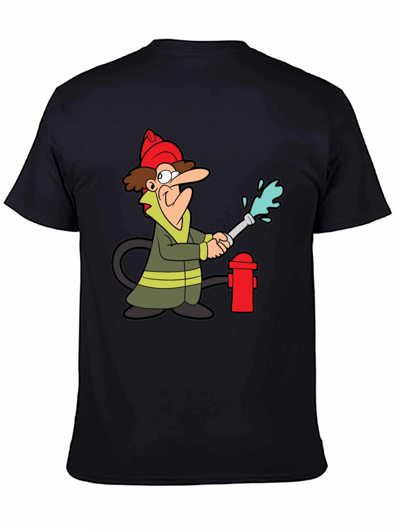 Cartoon Firefighter Graphic Tee - Black Cotton T-Shirt