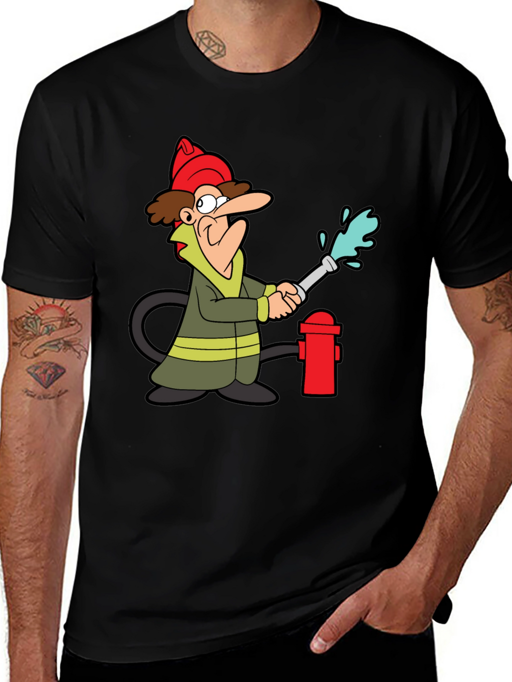 Cartoon Firefighter Graphic Tee - Black Cotton T-Shirt