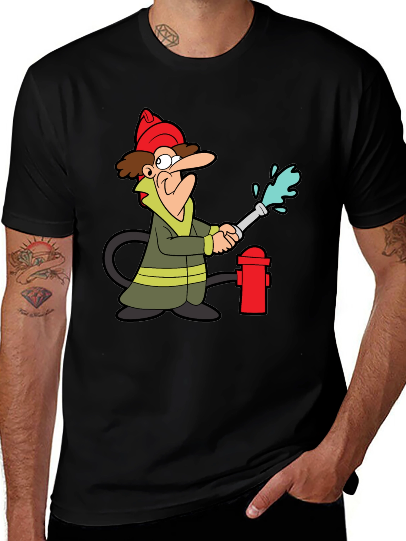 Cartoon Firefighter Graphic Tee - Black Cotton T-Shirt