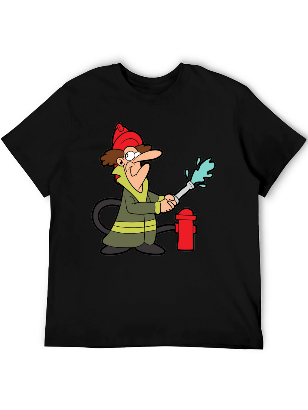 Cartoon Firefighter Graphic Tee - Black Cotton T-Shirt