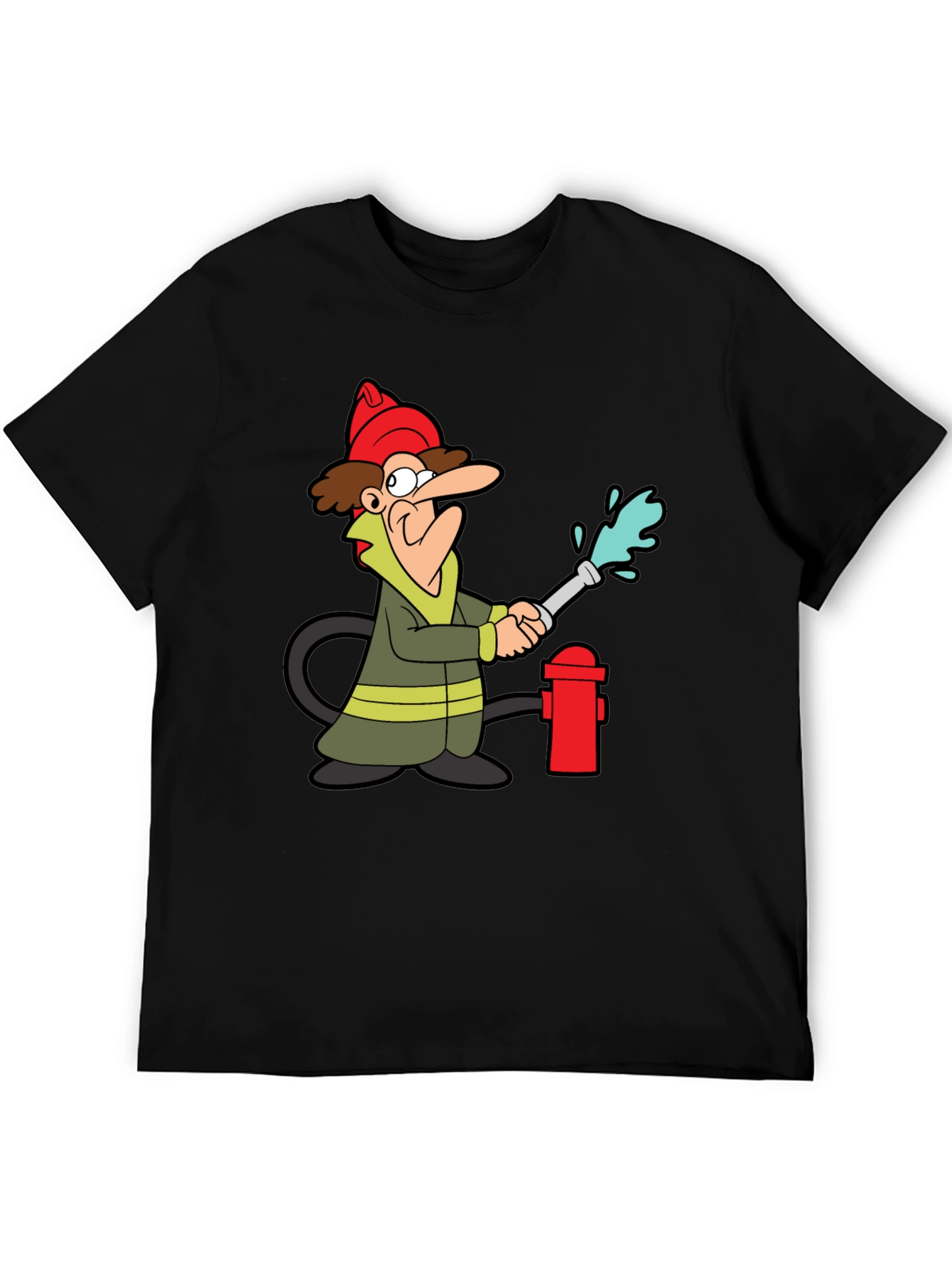 Cartoon Firefighter Graphic Tee - Black Cotton T-Shirt