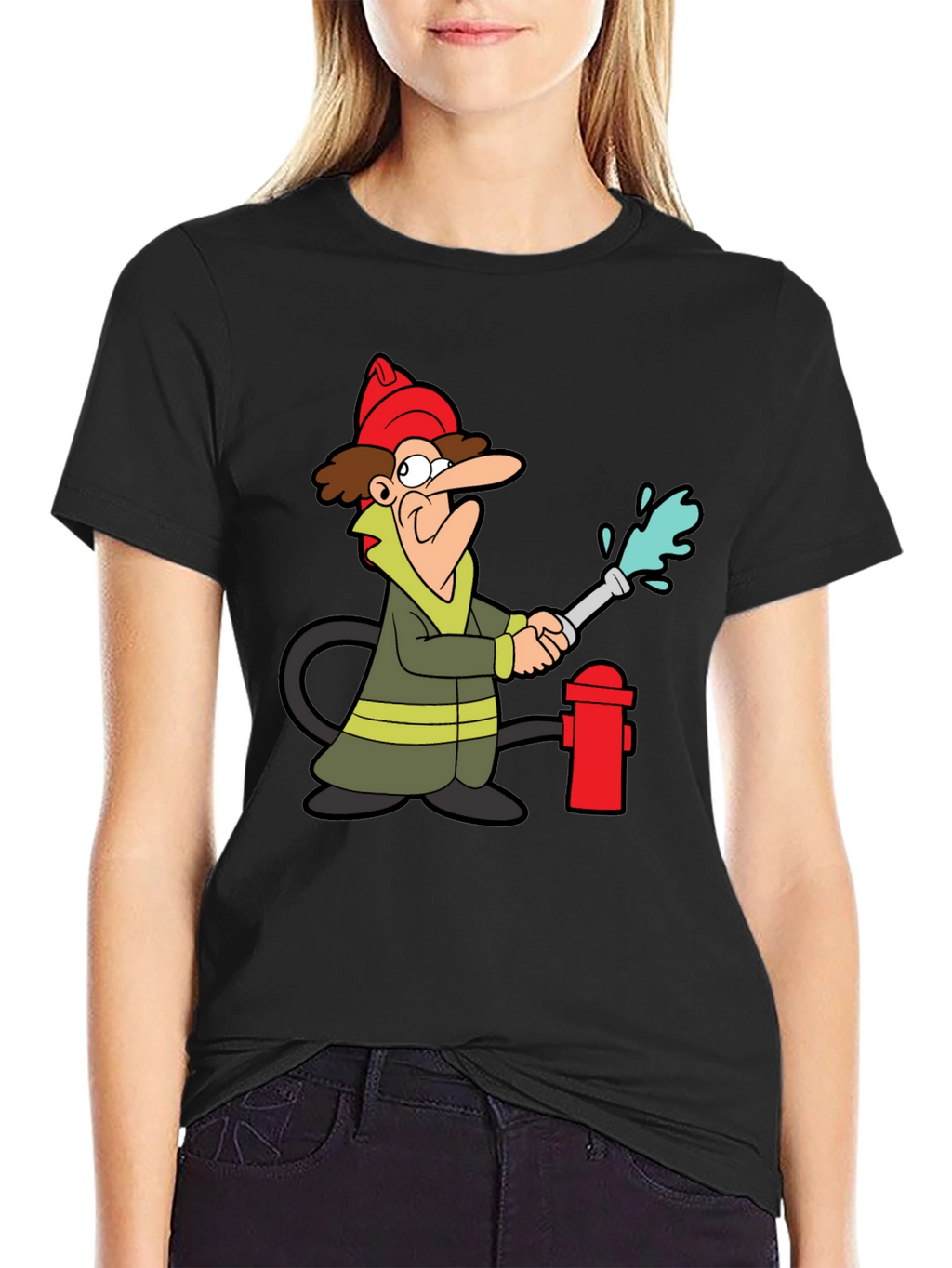 Cartoon Firefighter Graphic Tee - Black Cotton T-Shirt