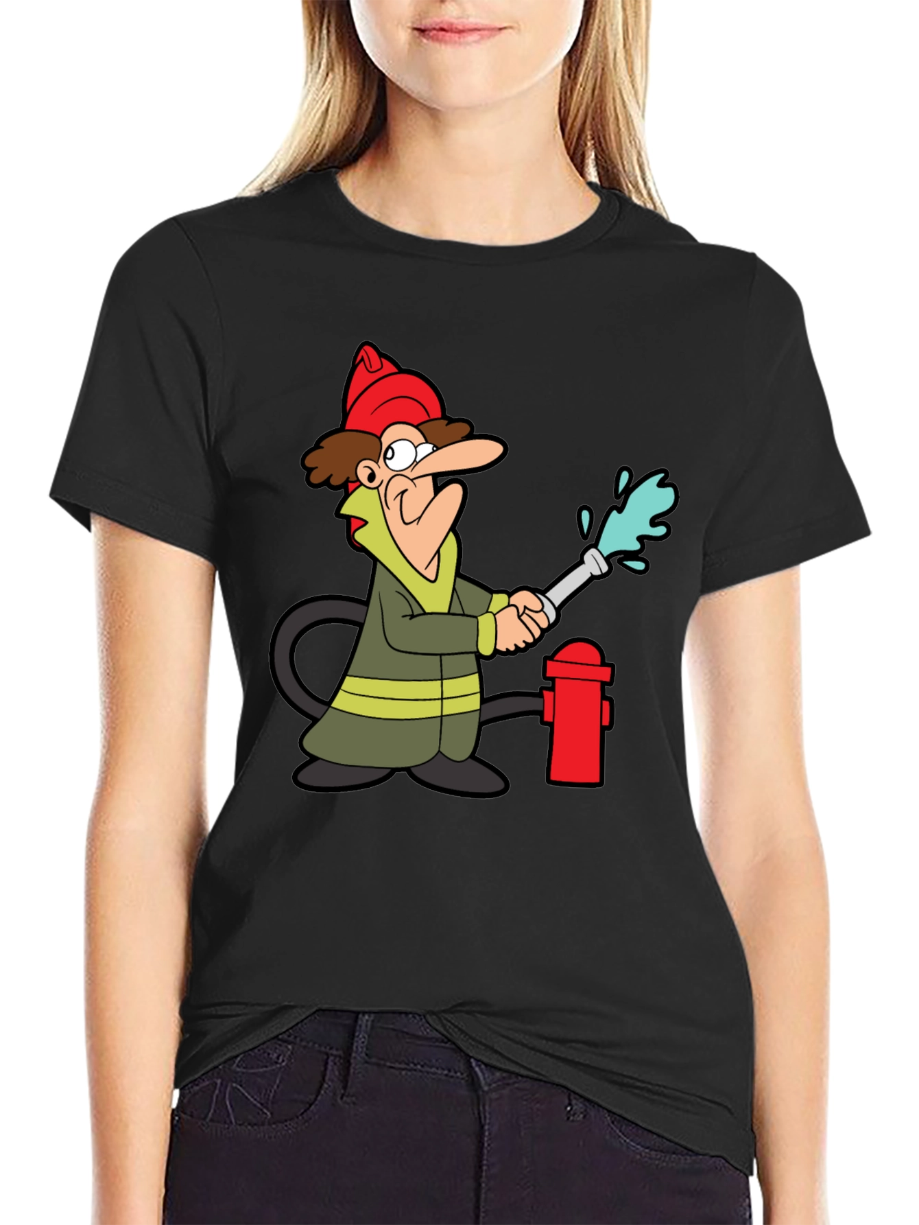 Cartoon Firefighter Graphic Tee - Black Cotton T-Shirt